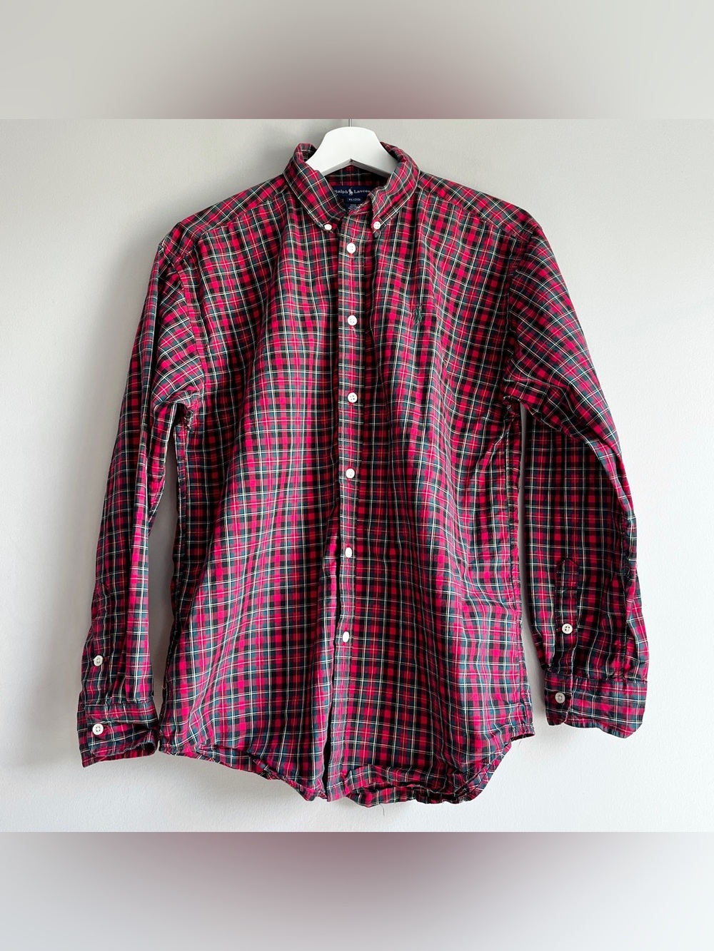 Ralph Lauren red green plaid button down shirt boys XL 20 polo holiday Christmas